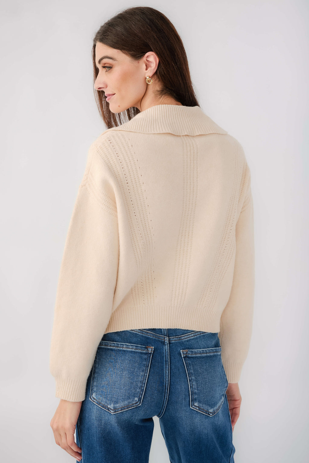 Chalk knit cardigan with ribbed stand collar and back seam detail, long sleeves