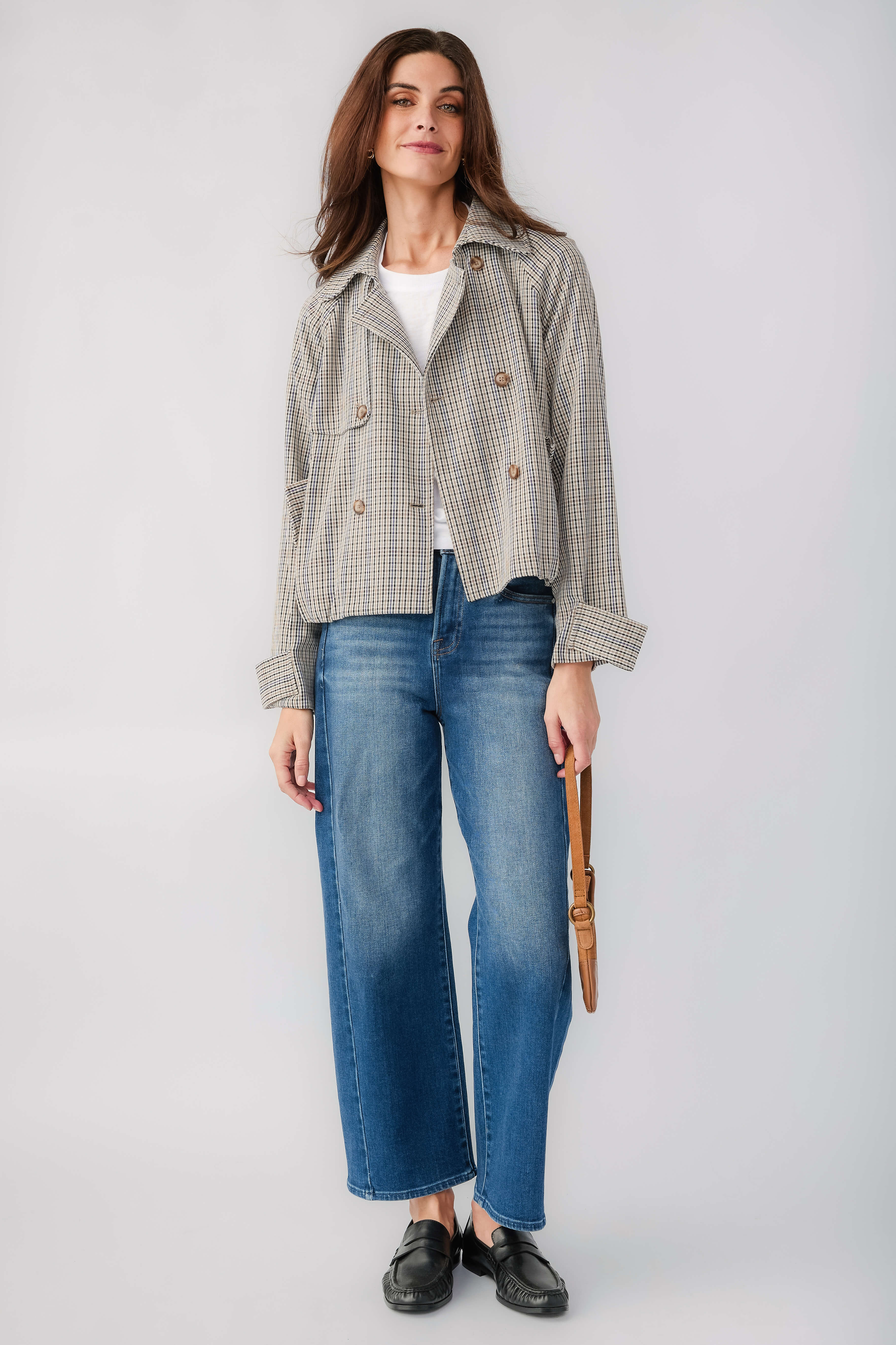 Multi plaid cropped trench jacket with button front, collar, and flap pockets