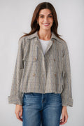 Multi plaid cropped trench jacket with buttoned chest pockets and pointed collar