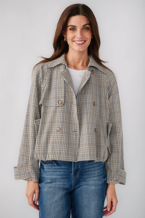 Multi plaid cropped trench jacket with buttoned chest pockets and pointed collar