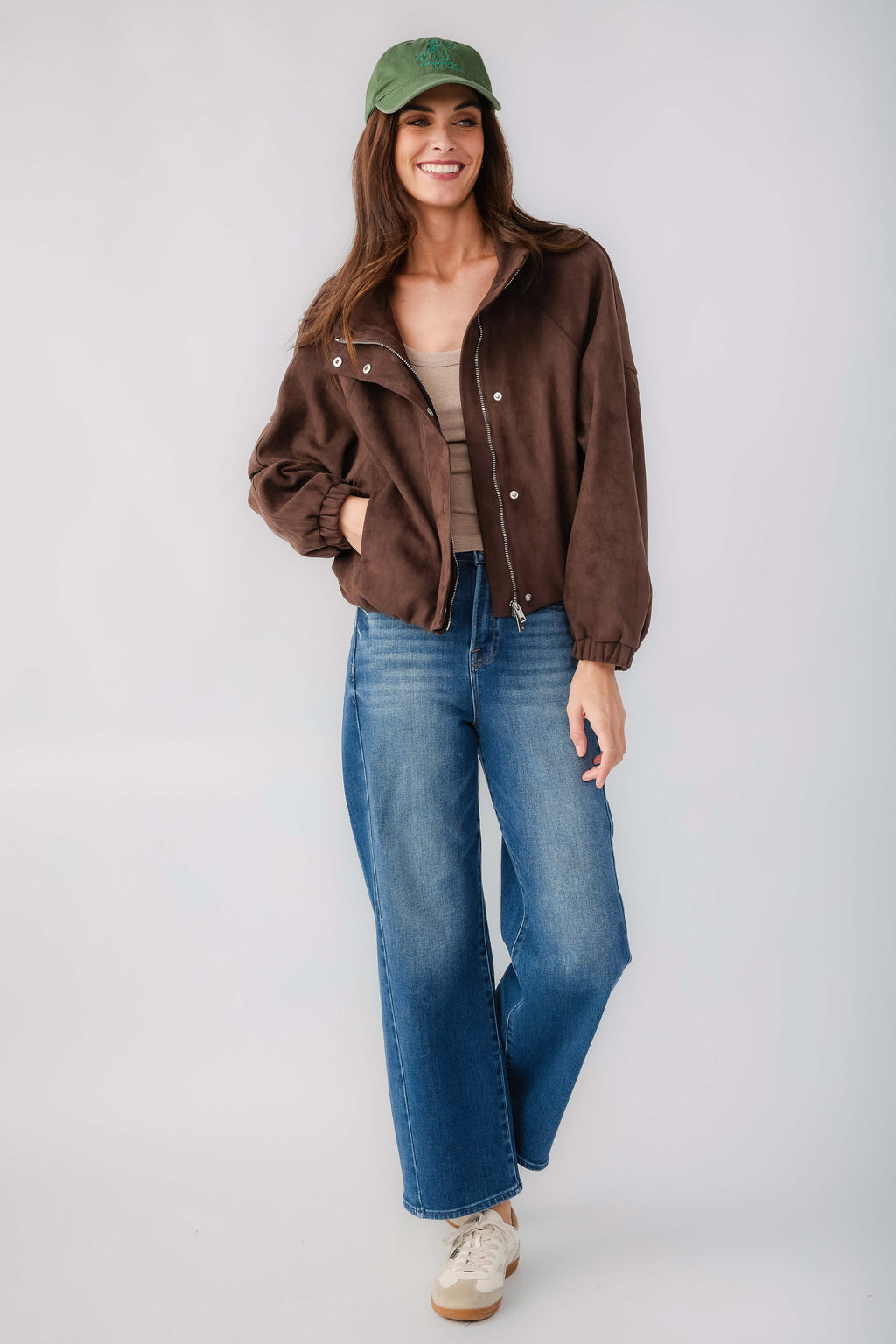Long-sleeve scoop-neck tee in dark solid color, fitted