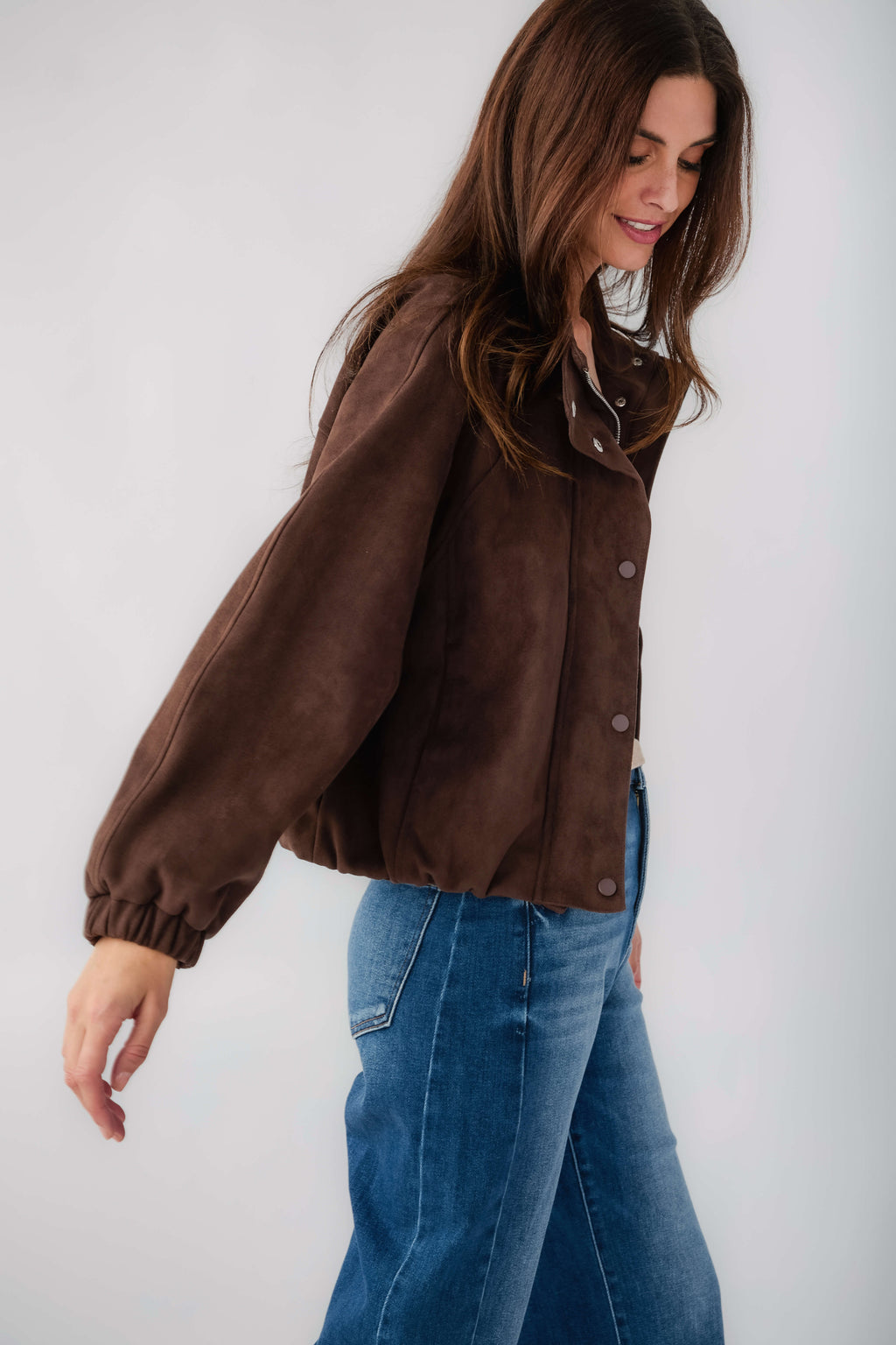 Deep brown faux suede ballon jacket with snap placket and gathered cuffs