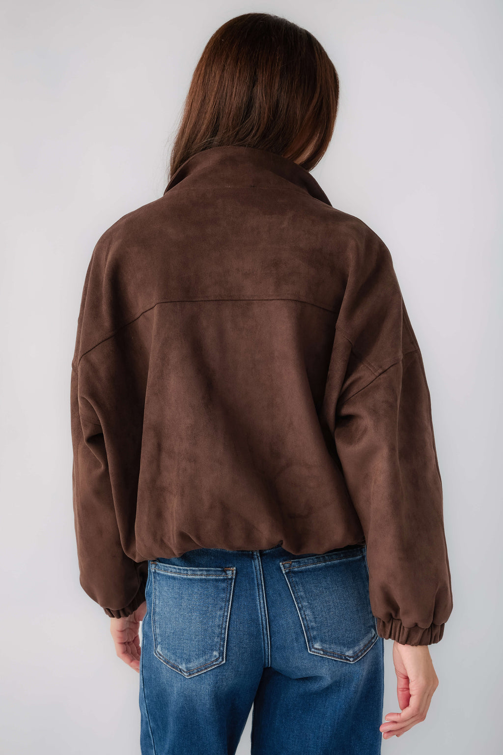 Deep brown faux suede ballon jacket with back seam and snap neckline