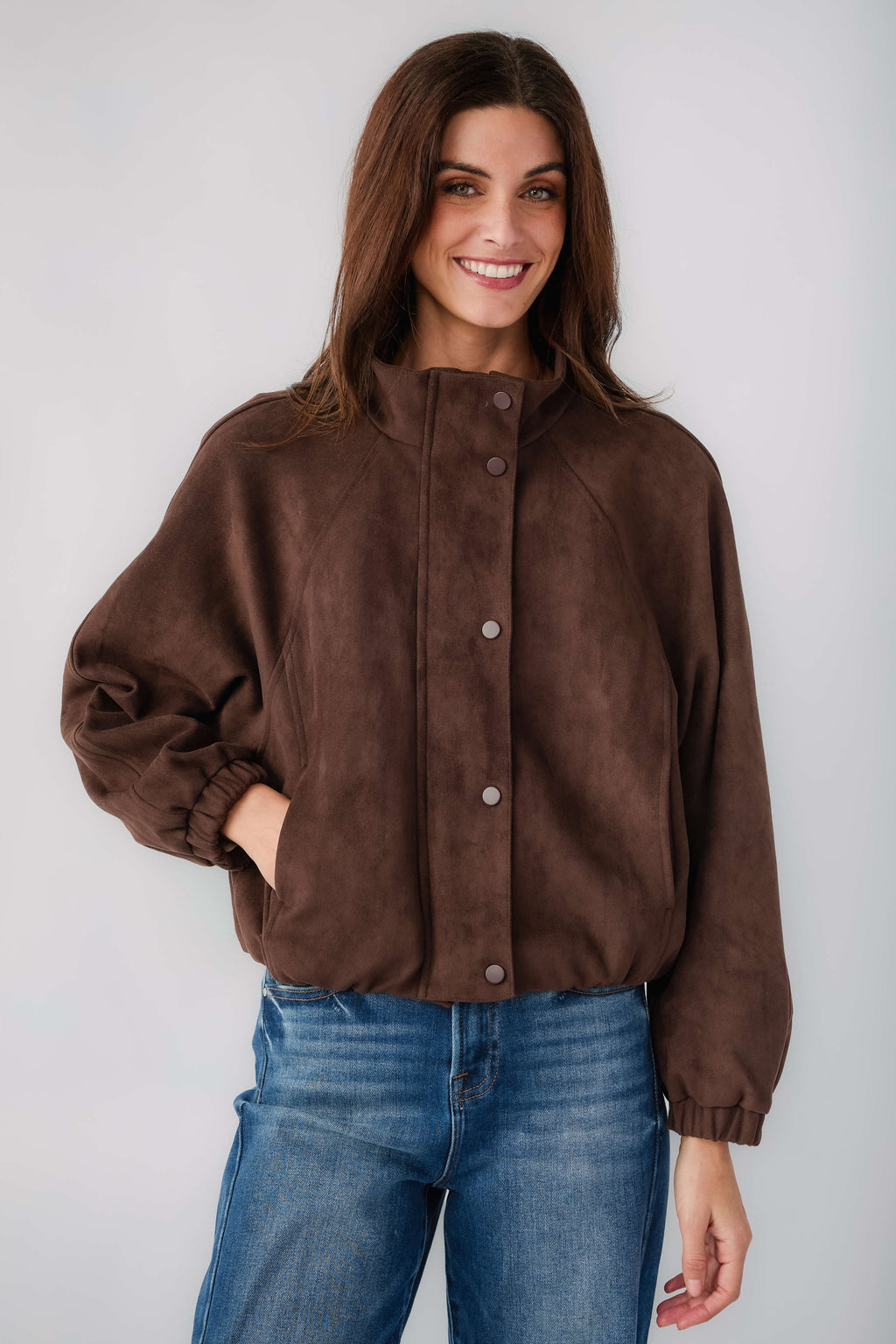 Deep brown faux suede ballon jacket with stand collar and snap front