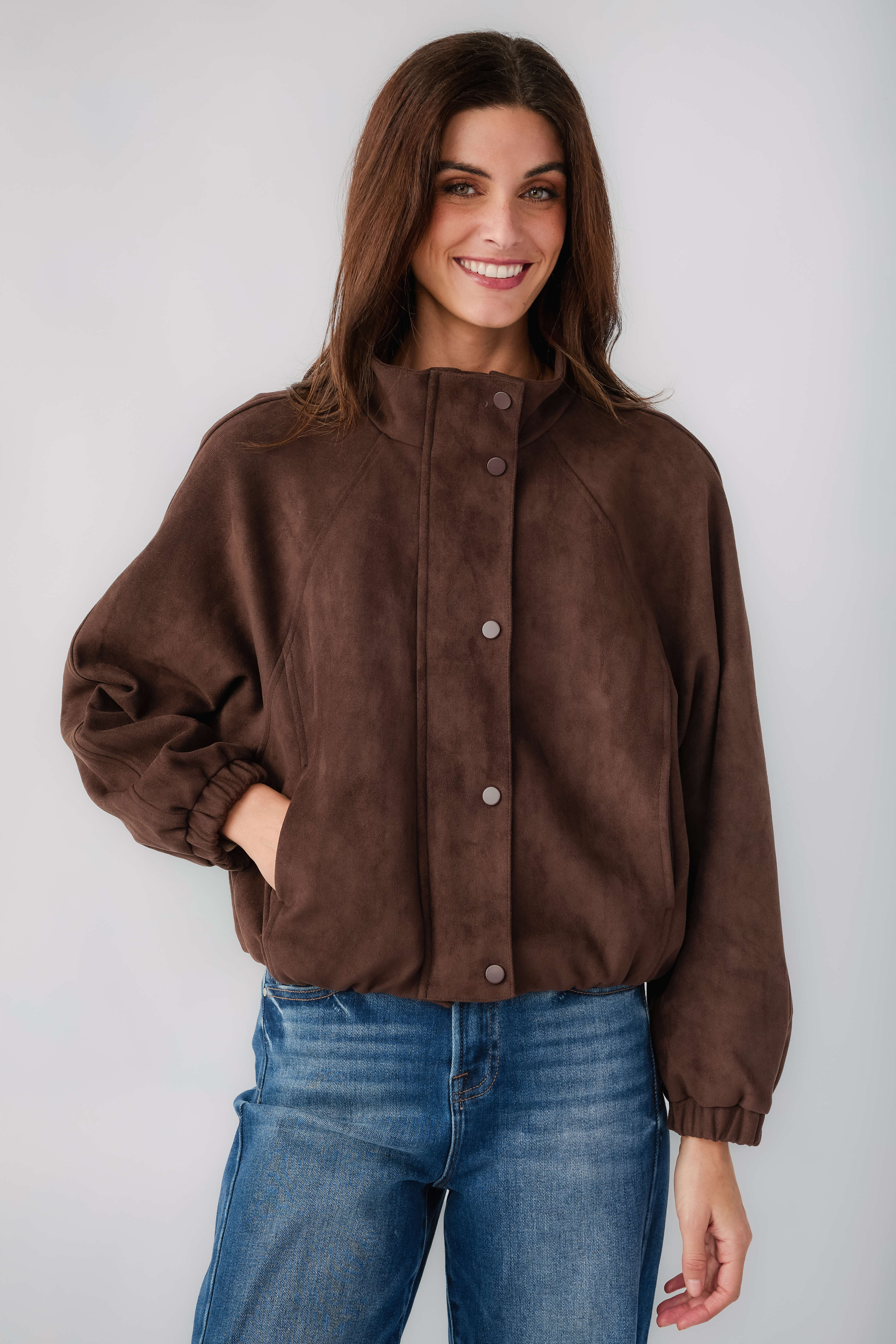 Deep brown faux suede ballon jacket with stand collar and snap front