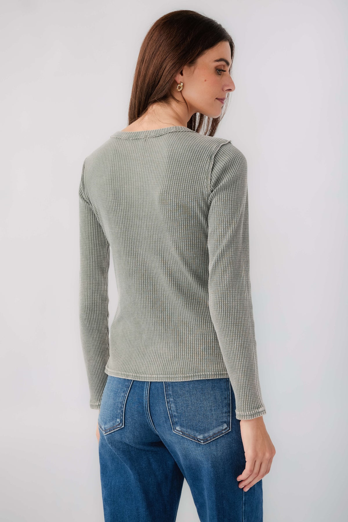 Light green thermal top, crew neck, long sleeves, back view