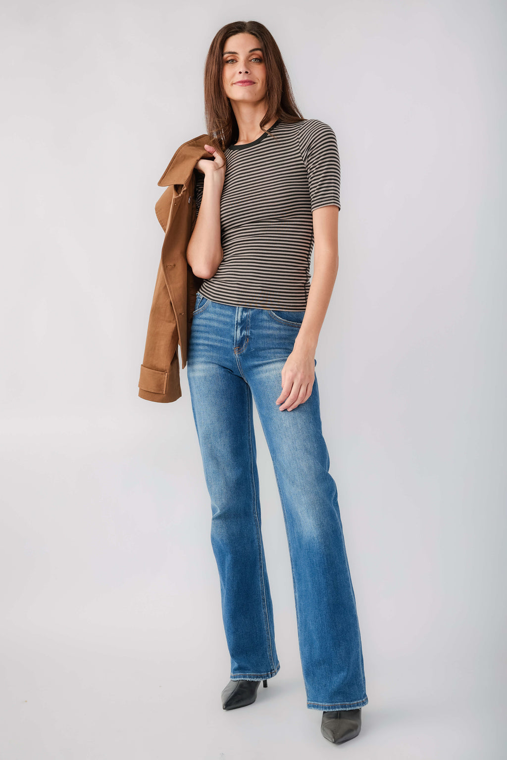 Striped short-sleeve crewneck tee, dark and tan horizontal stripes
