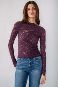 Plum lace long-sleeve top with crew neckline and fitted silhouette