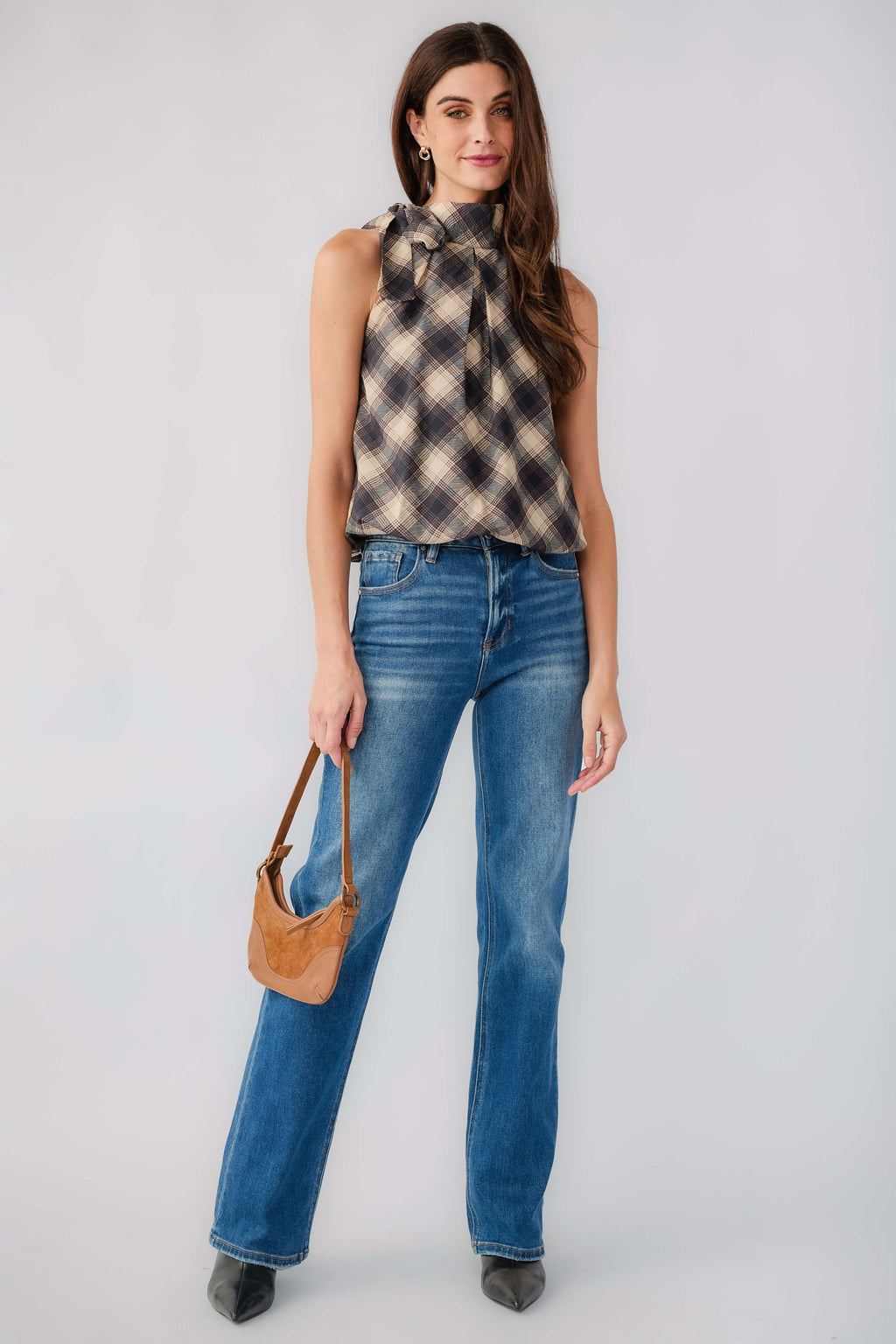 Plaid sleeveless halter top with high neckline and draped neck tie
