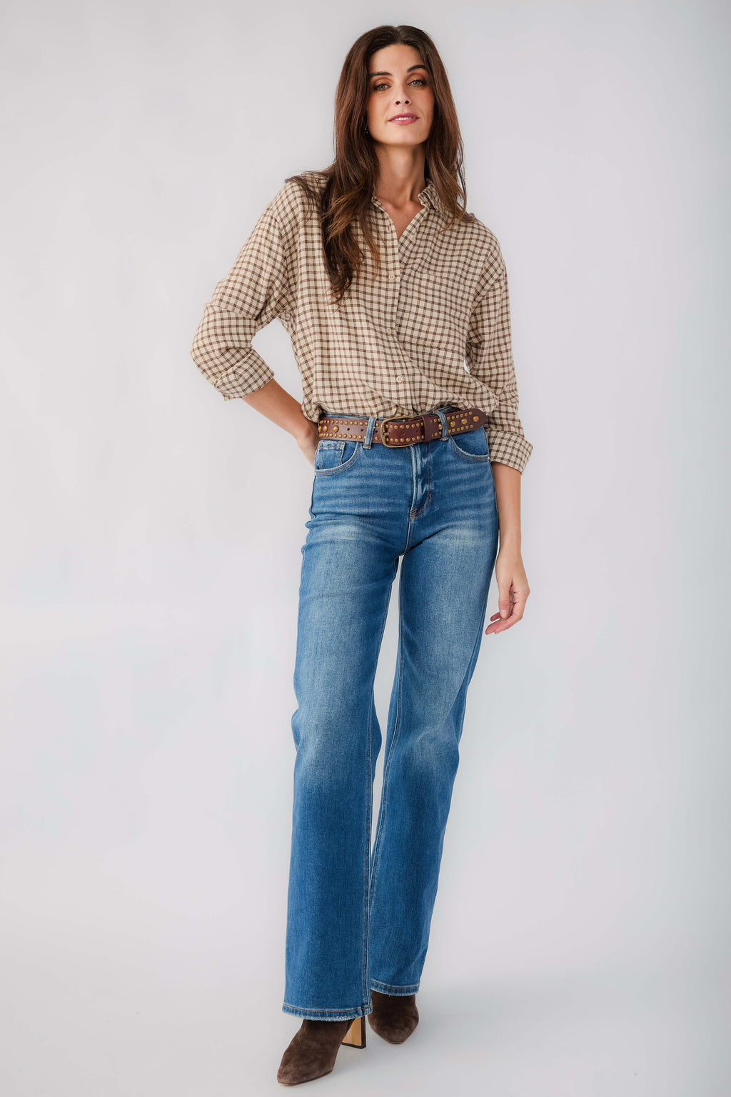 Plaid button-up shirt with long sleeves and button front, dark chocolate and cream.