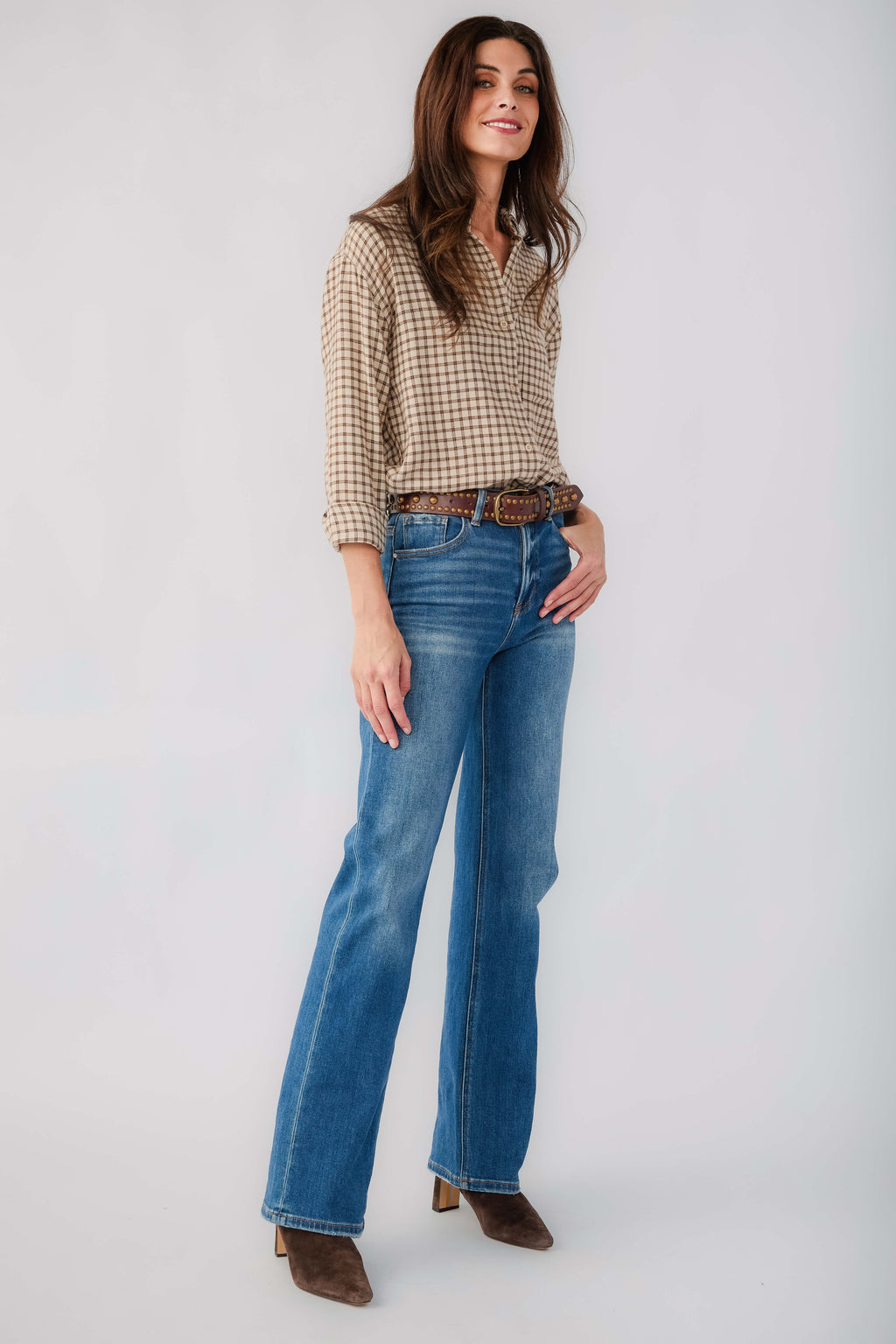 Plaid button-up shirt with long sleeves and button front, dark chocolate and cream.