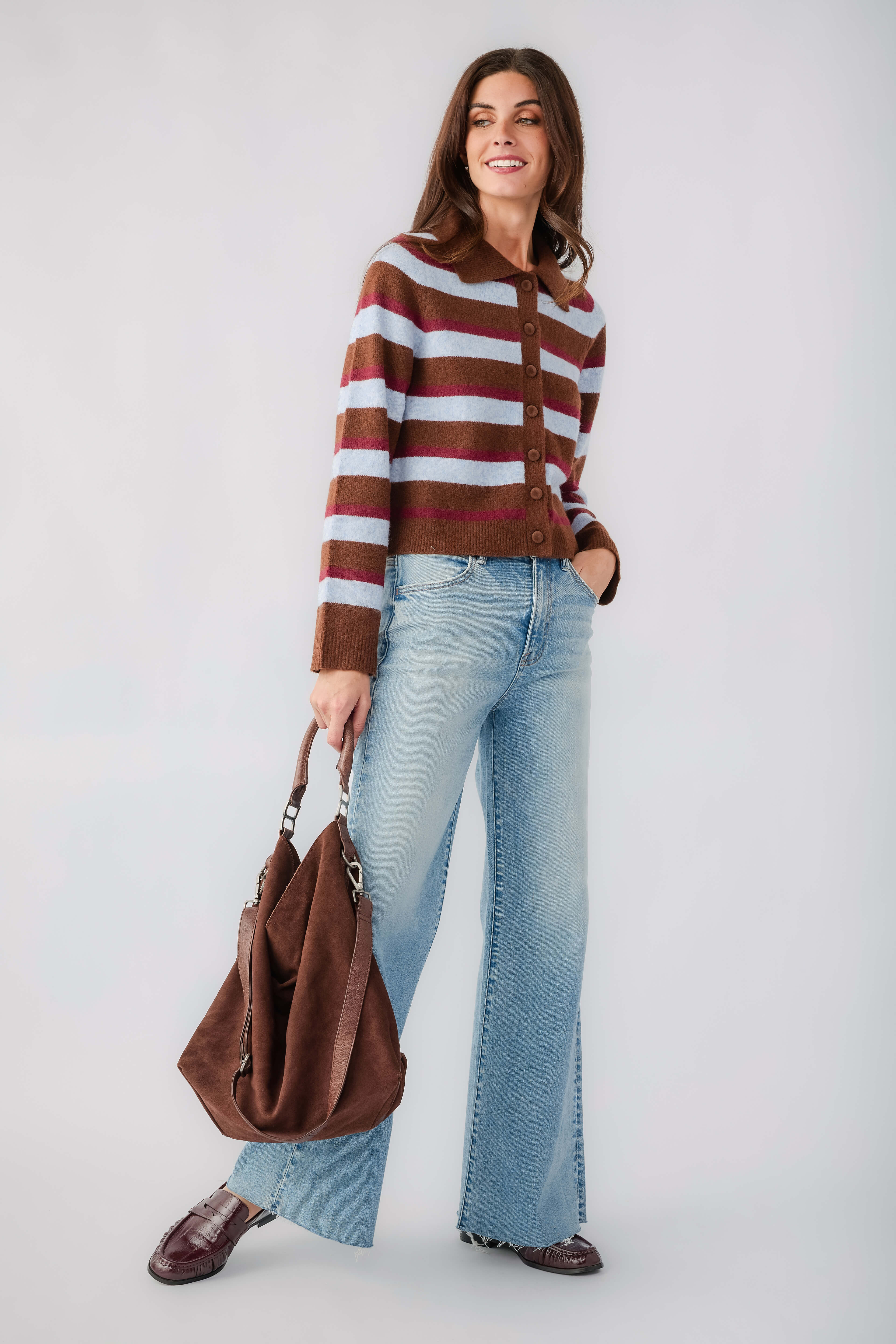 Brown striped button-front cardigan with wide collar