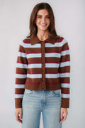 Striped collared cardigan with brown buttons and long sleeves
