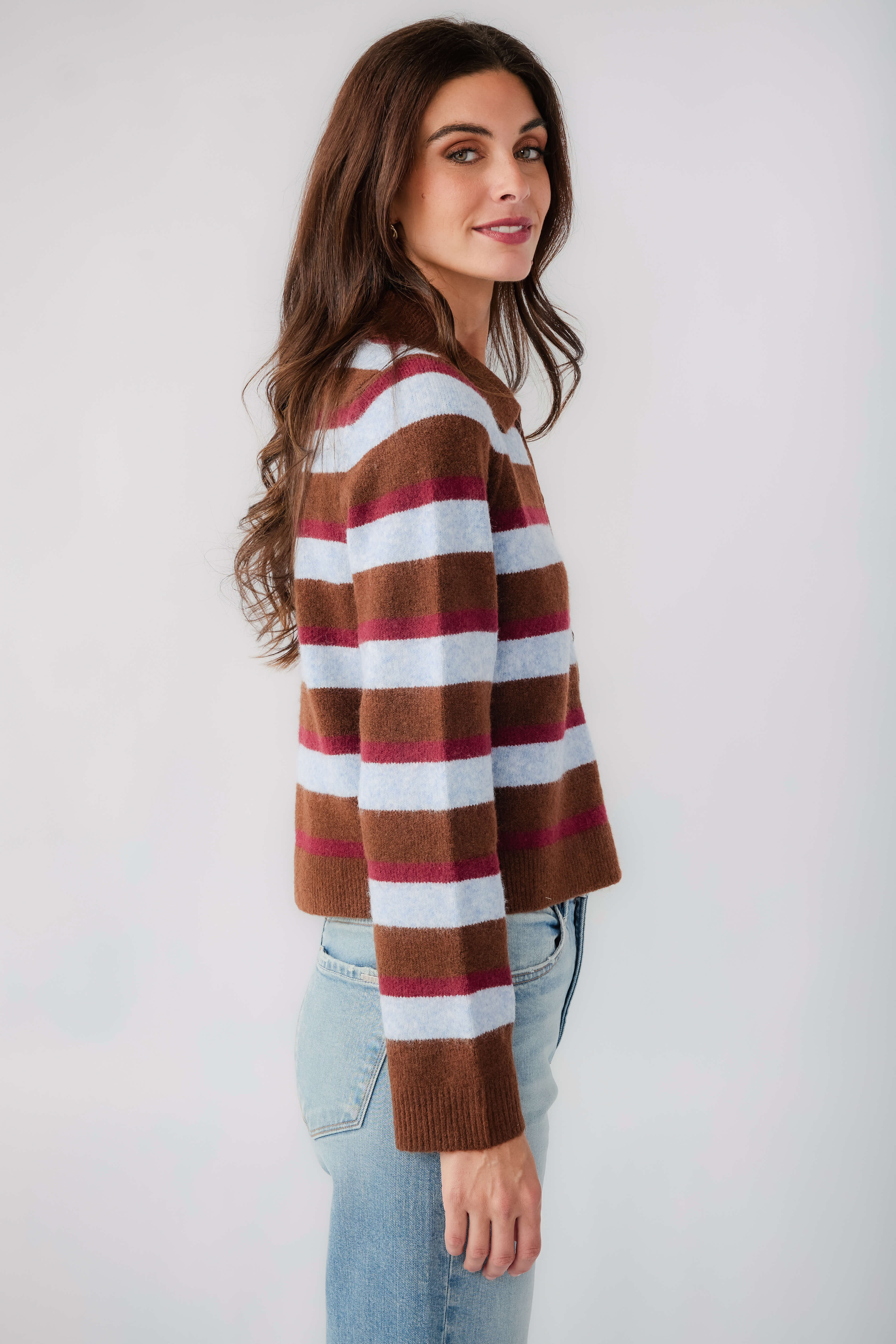 Striped knit cardigan with brown button front and wide collar