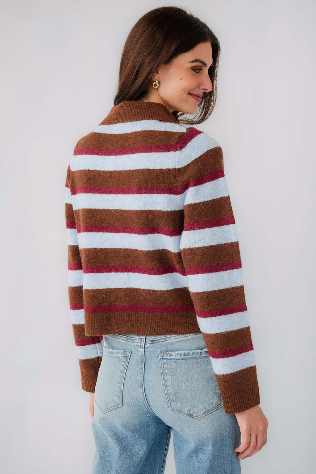 Back view striped knit cardigan with wide brown collar and button front
