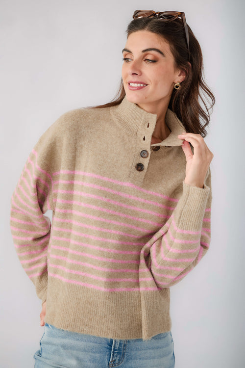 Mocha knit pullover with pink stripes, half-button placket at neckline and ribbed cuffs