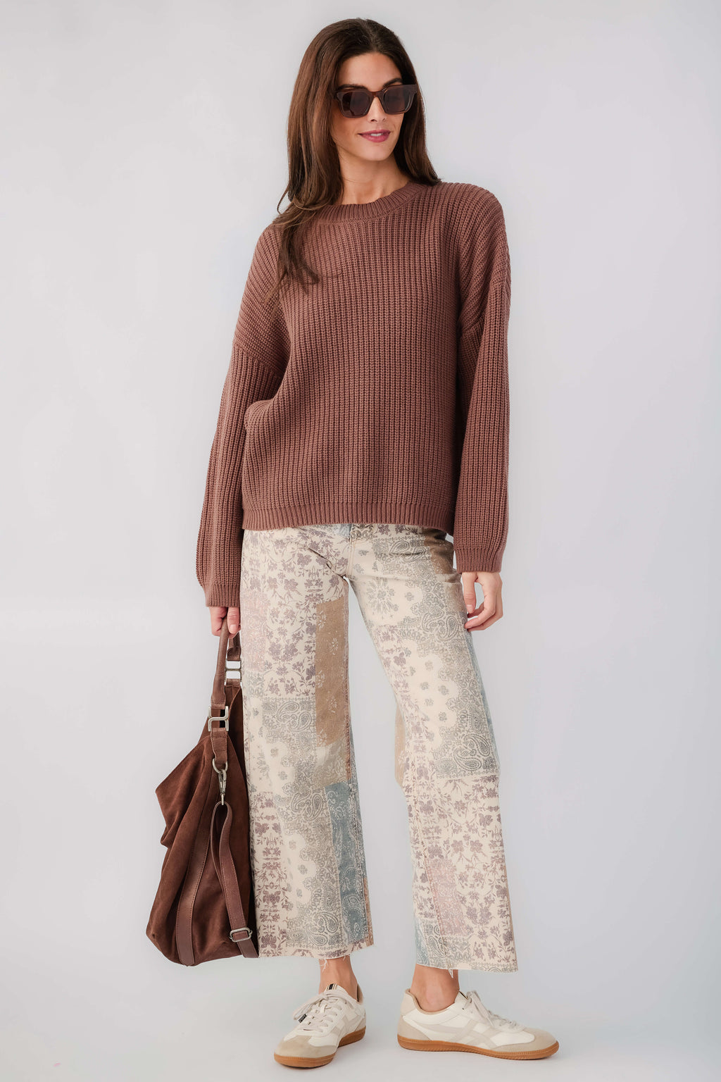 High-rise wide-leg pants with paisley patches, light beige with brown floral accents