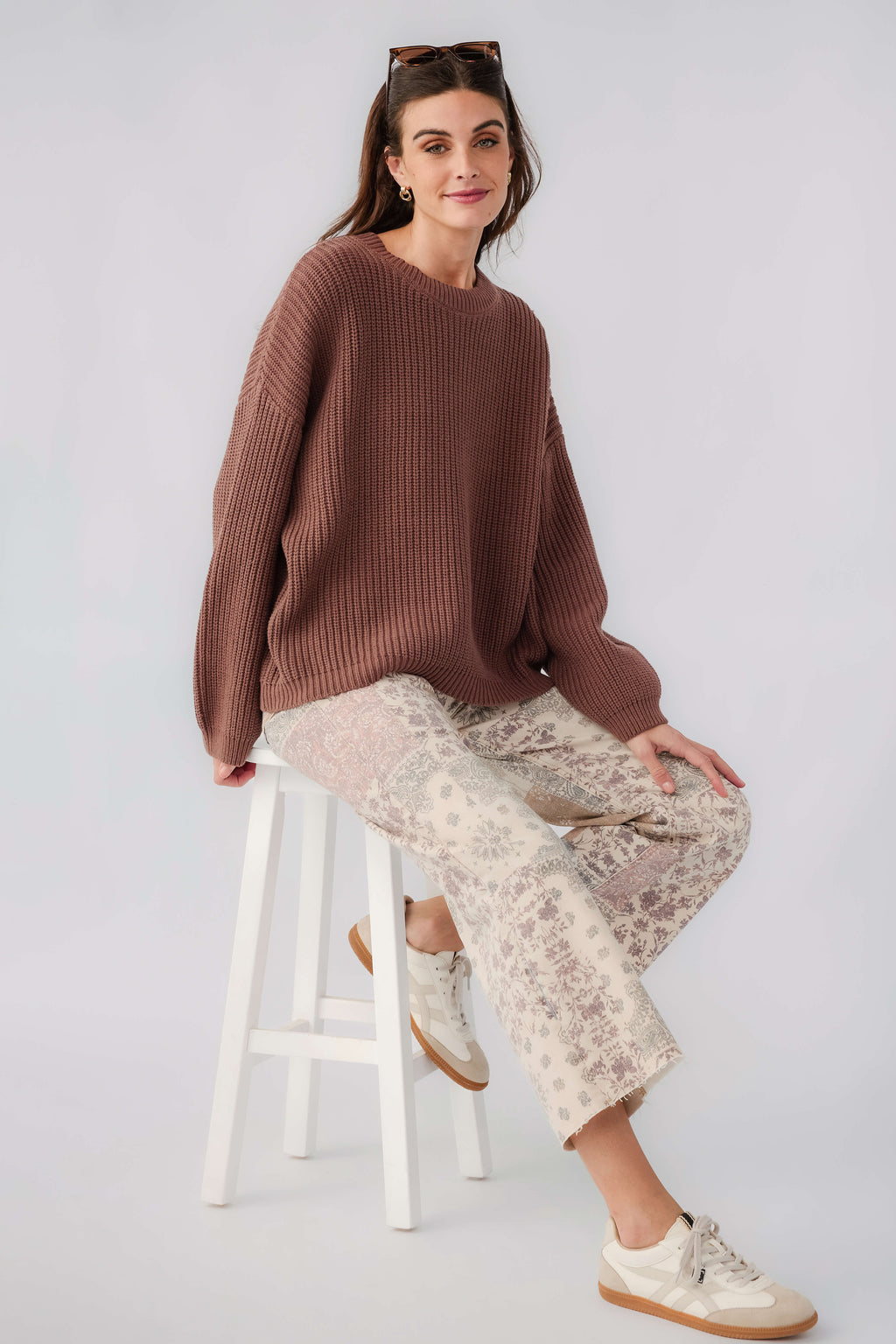 High-rise wide-leg paisley patch pants, light beige with brown floral block detail