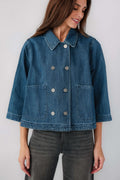 Dark blue cropped denim jacket with button front, turn-down collar, flap pockets