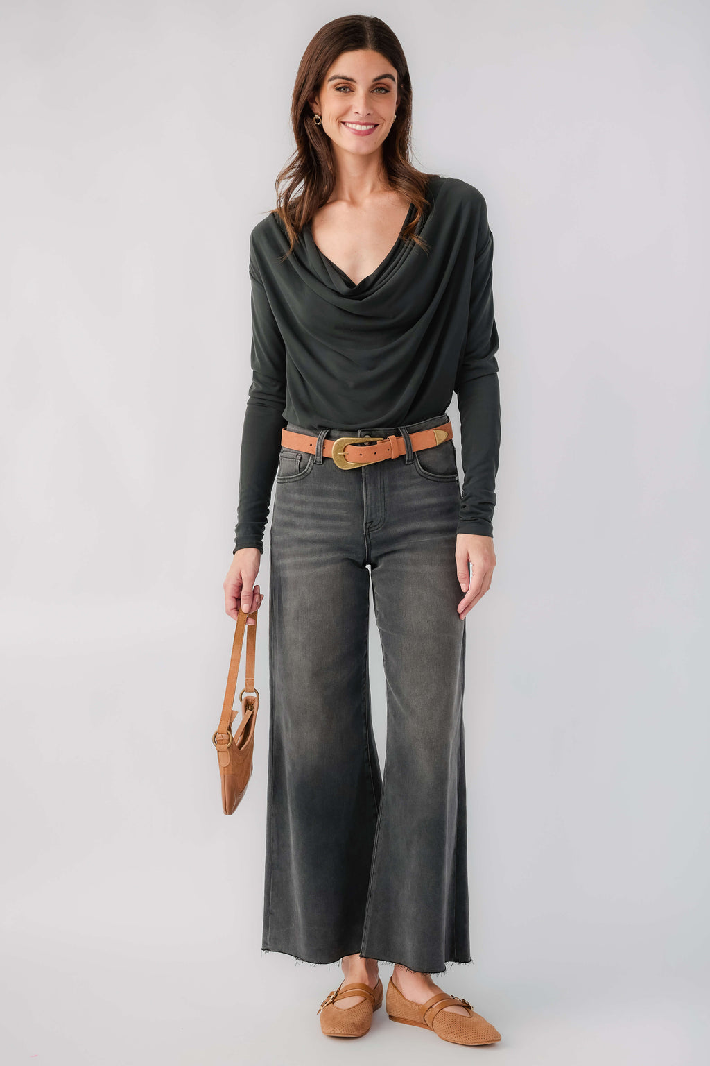 Black long-sleeve cowl-neck draped top