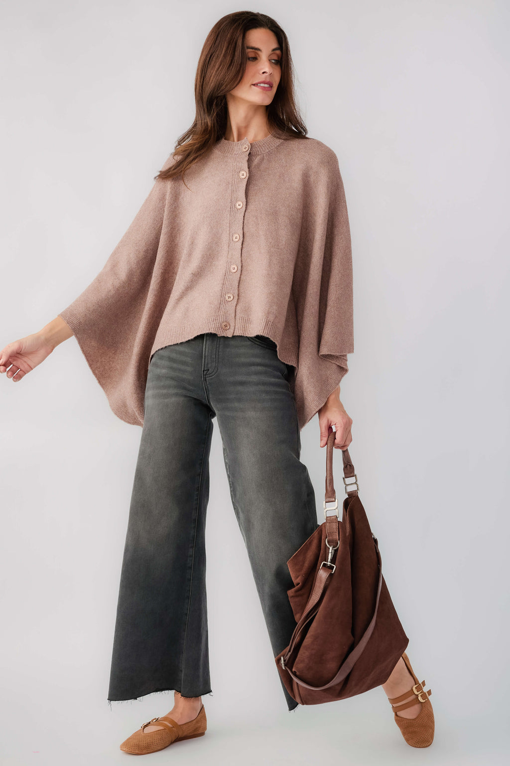 Mushroom button-front poncho sweater with long cape sleeves and round neckline