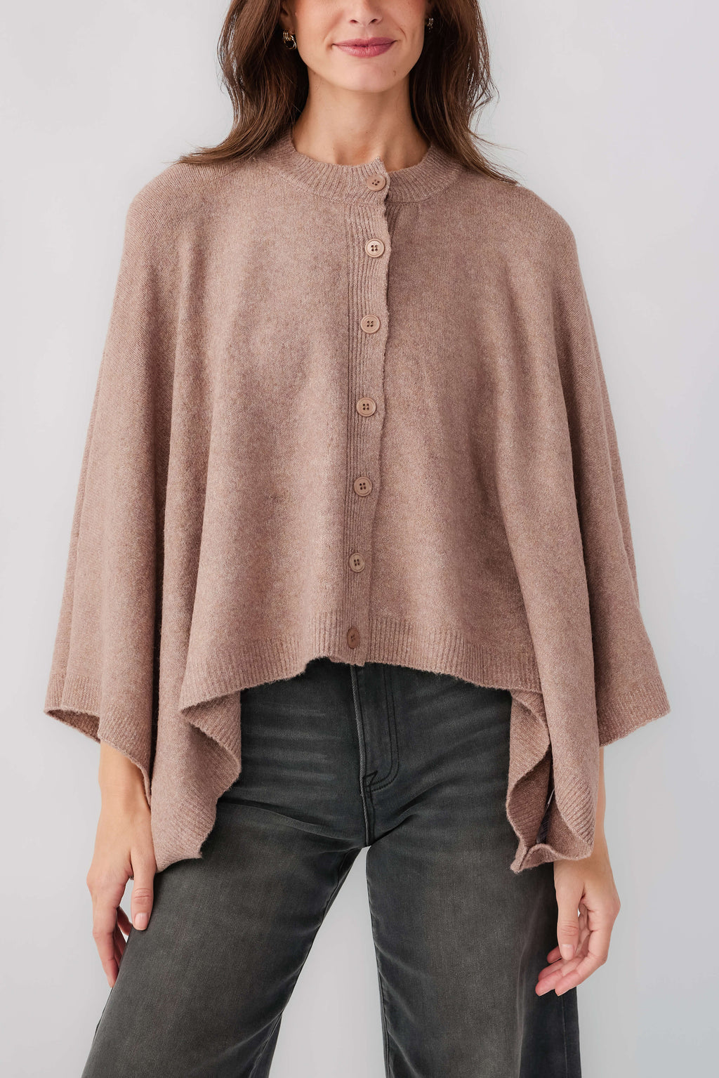 Mushroom button-front poncho sweater, round neck with button placket, draped fit