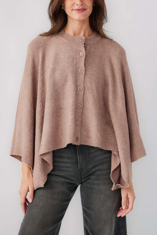 Mushroom button-front poncho sweater, round neck with button placket, draped fit