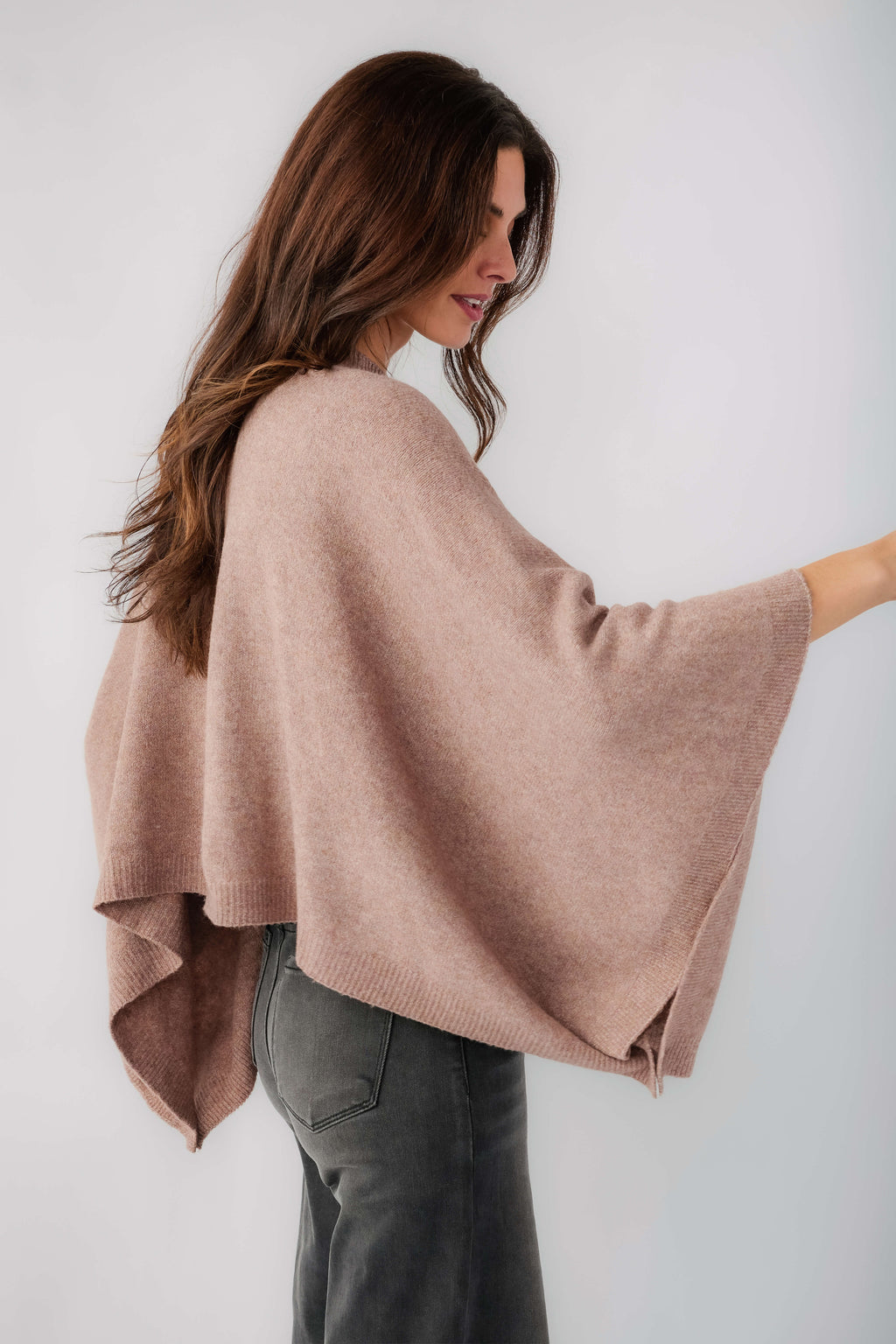 Mushroom poncho sweater with button placket and draped cape sleeves