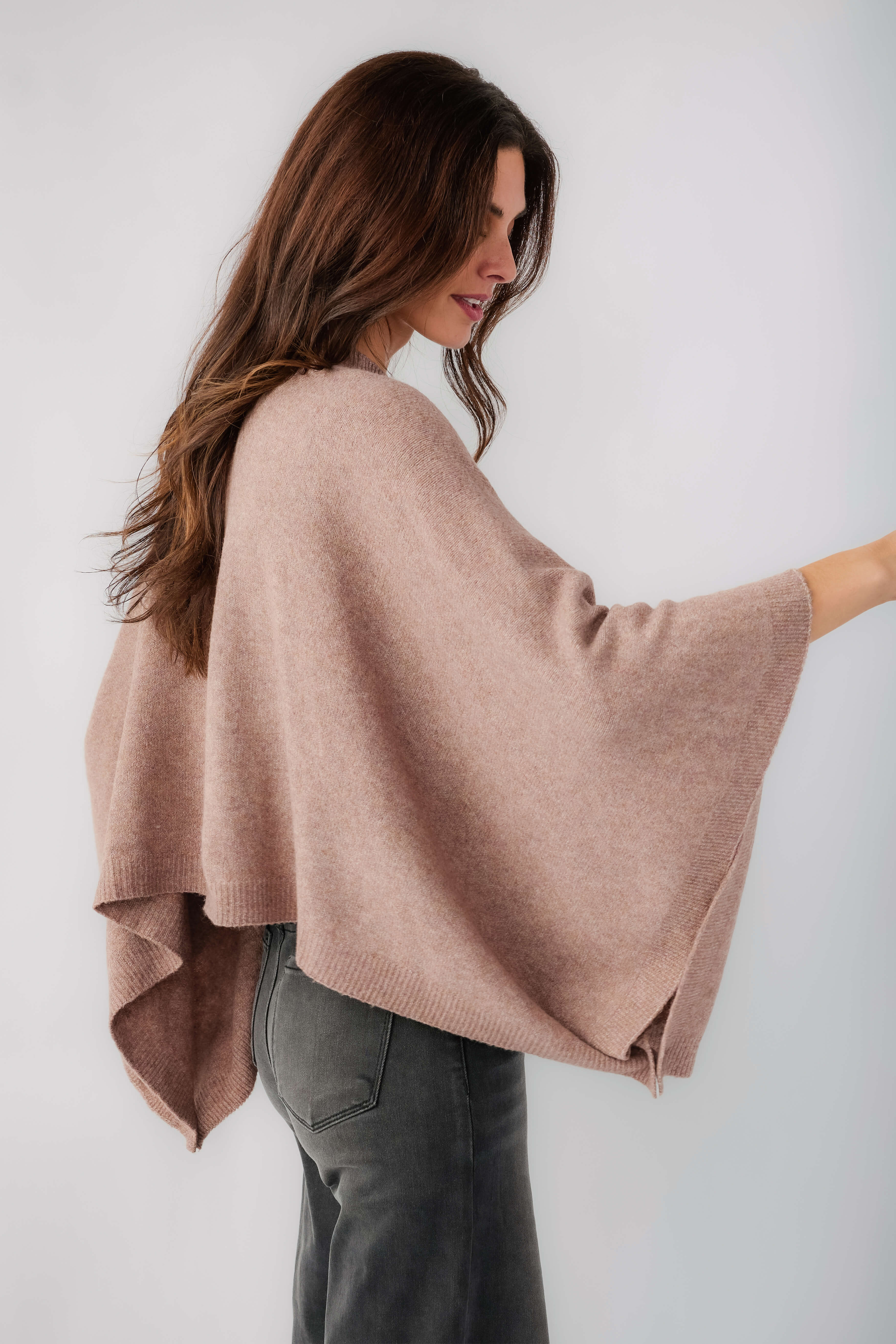 Mushroom poncho sweater with button placket and draped cape sleeves