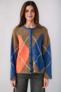 Kaki argyle cardigan with crew neck and button front, blue and orange diamond motifs.