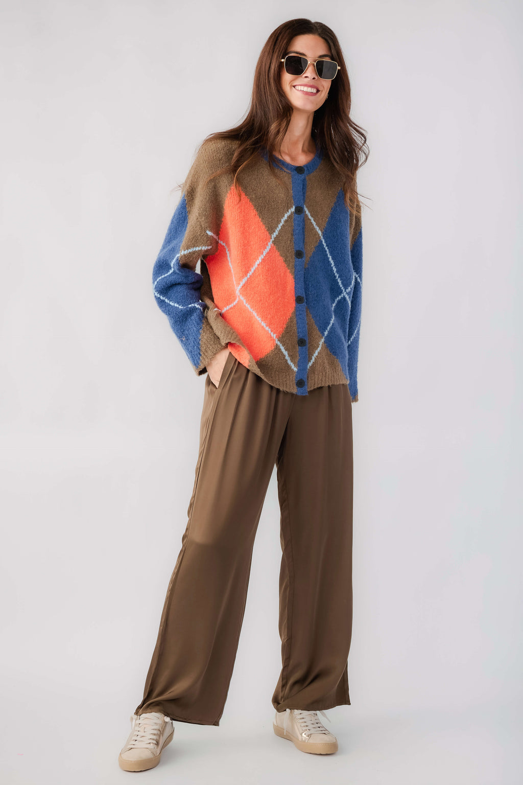 Olive satin wide-leg pants with elastic drawstring waist and wide relaxed legs