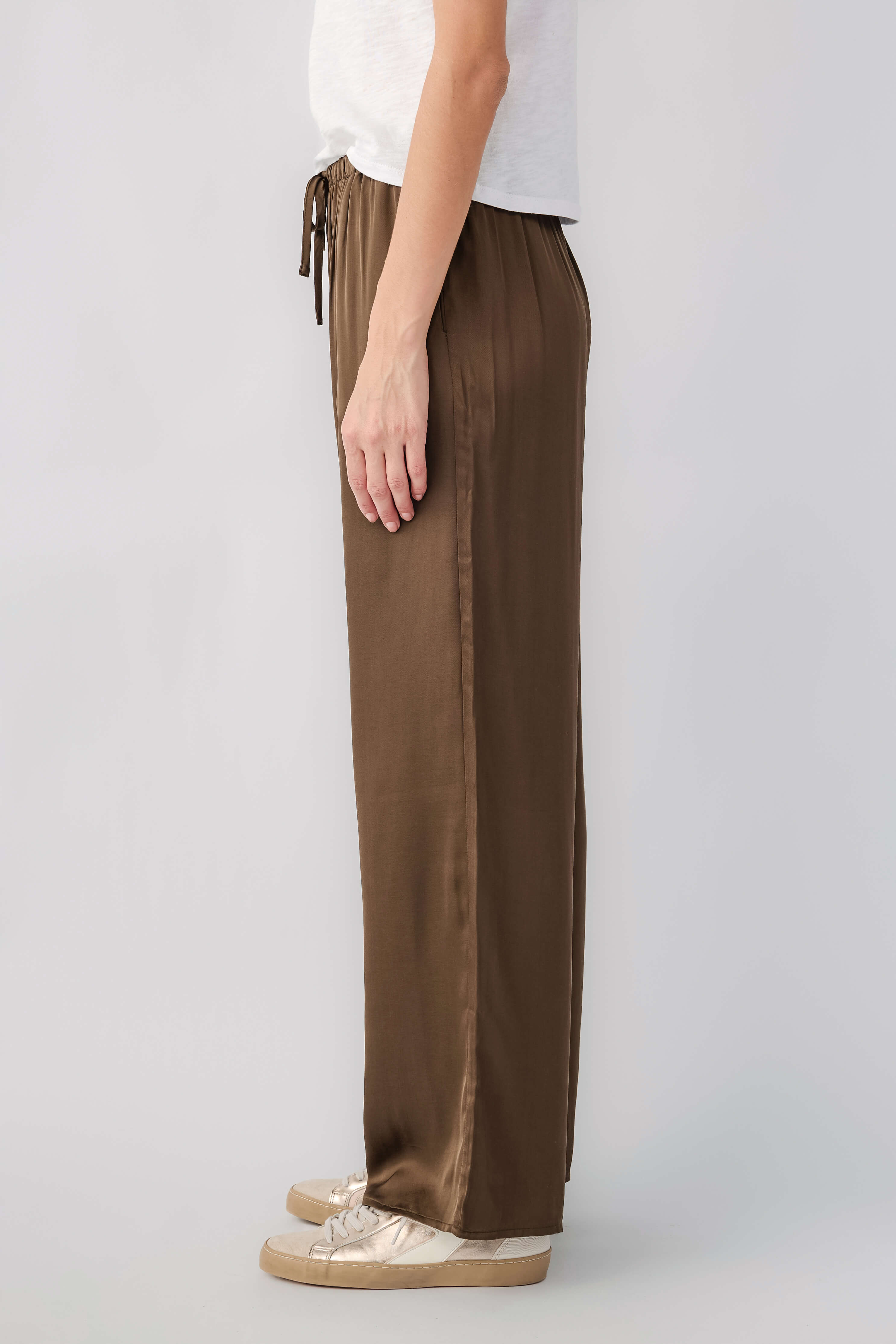 Olive satin wide-leg pants with elastic drawstring waist and straight relaxed leg