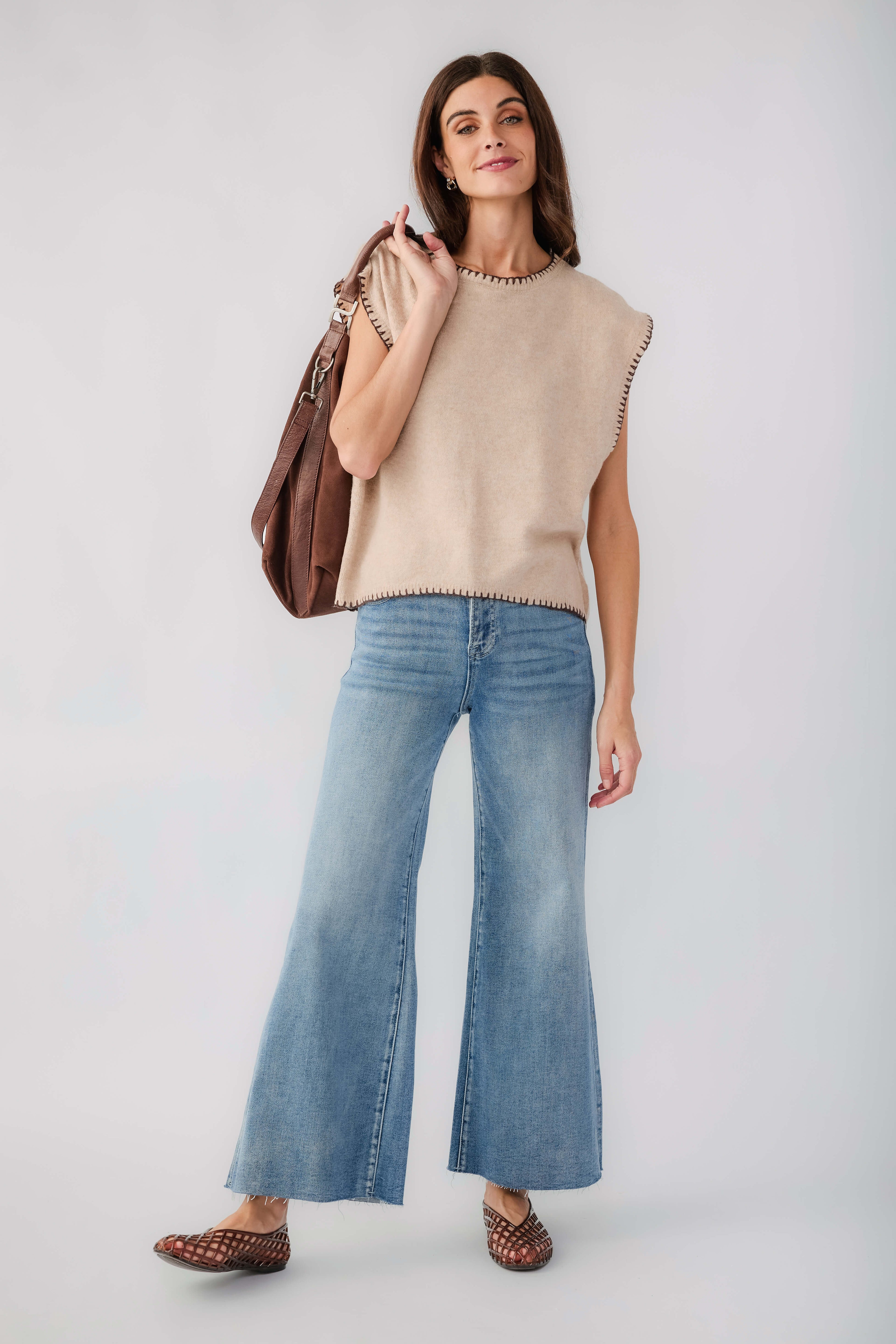 Taupe cap-sleeve blanket-stitch sweater with crew neck and decorative stitched trim