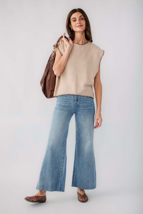 Taupe cap-sleeve blanket-stitch sweater with crew neck and decorative stitched trim