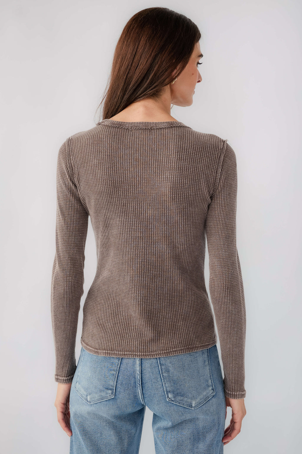 Taupe thermal top with crew neck and long sleeves, back view