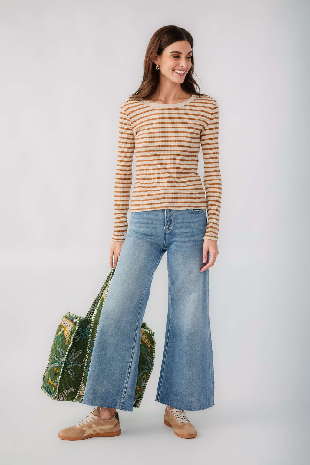 Long-sleeve striped thermal top, crew neck, tan and white stripes