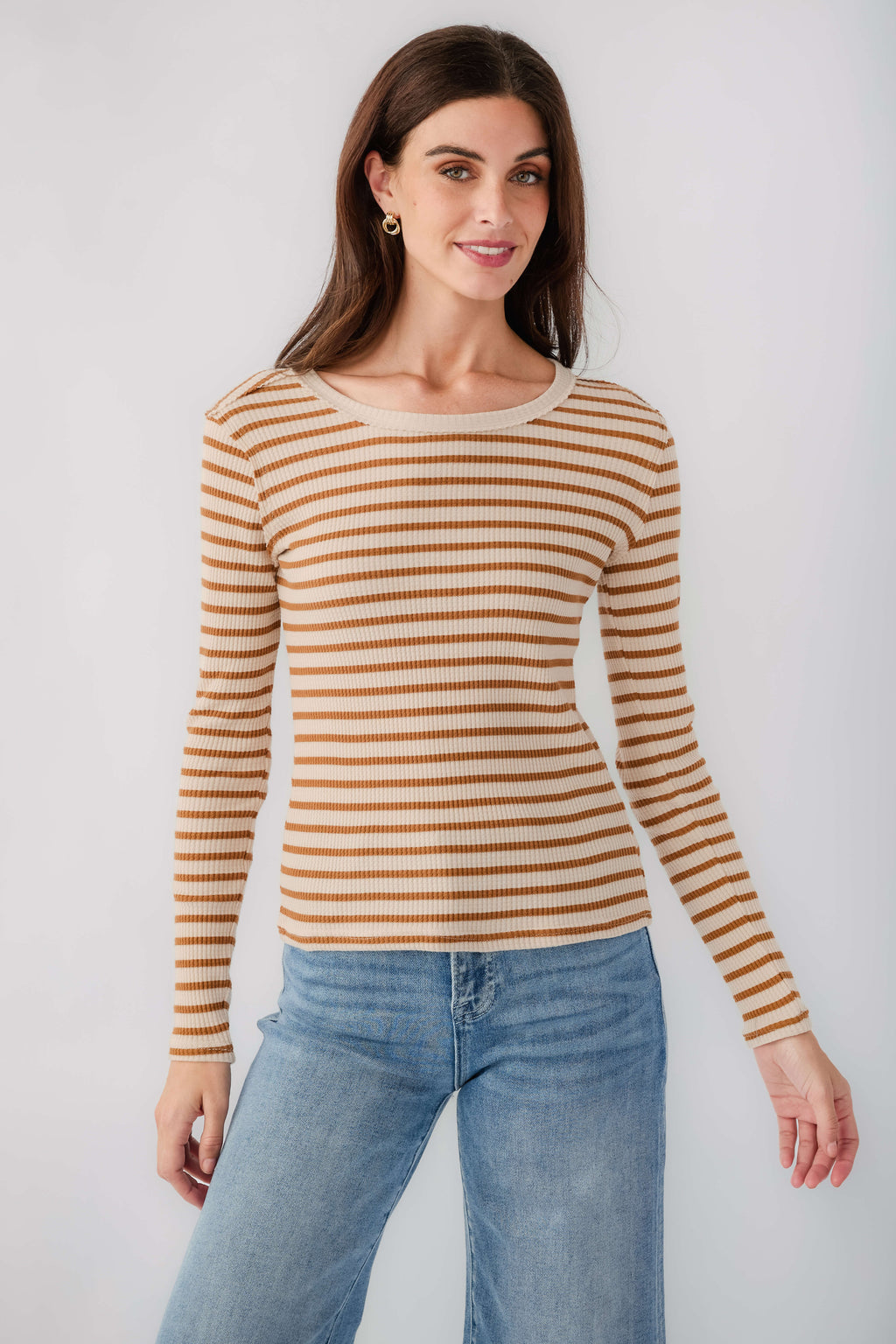 Long-sleeve striped thermal top with crew neck, tan and white horizontal stripes