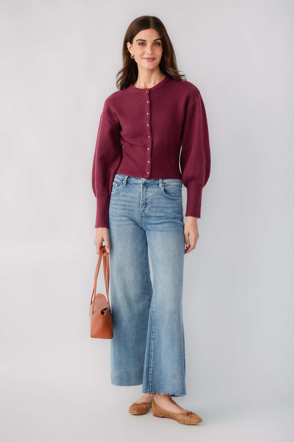 Burgundy long-sleeve crew-neck button cardigan with front patch pockets