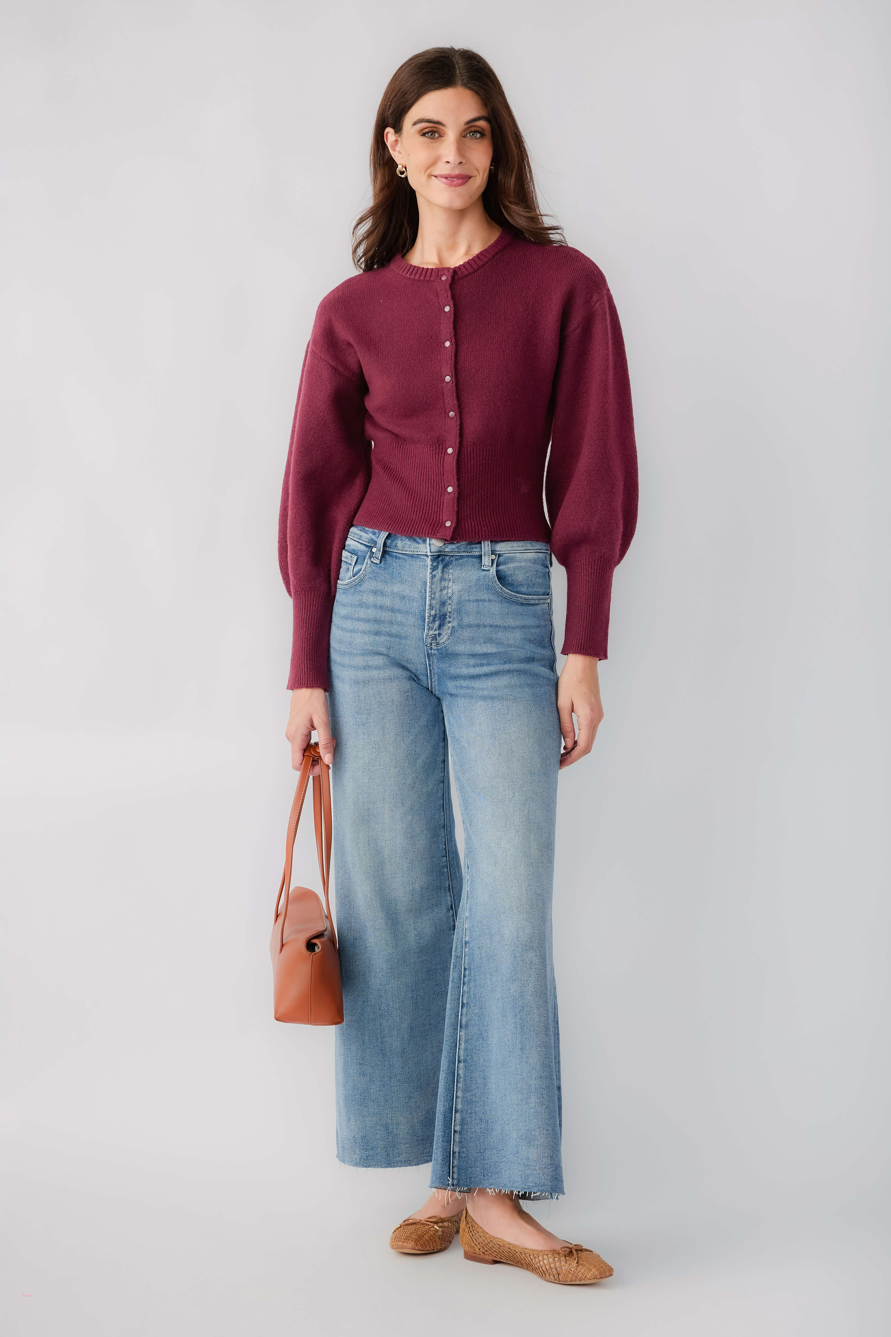 Burgundy long-sleeve crew-neck button cardigan with front patch pockets