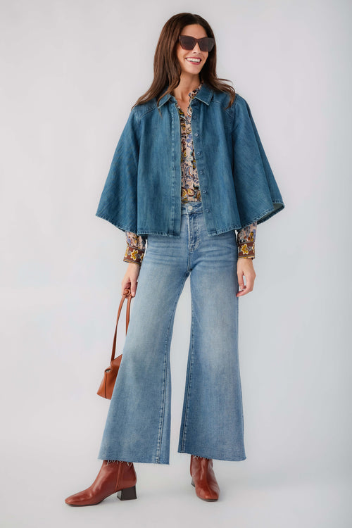 Denim kimono jacket with button front, flared sleeves, and patterned cuffs
