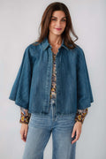 Denim kimono jacket with point collar and patterned inner cuffs, front close