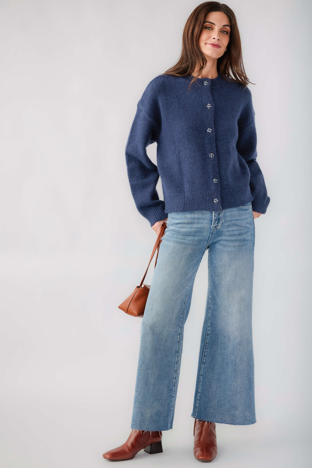 Navy plaid-button cardigan with button front and ribbed cuffs, crew neck knit
