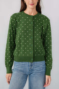 Green polka-dot cardigan with button front and long sleeves