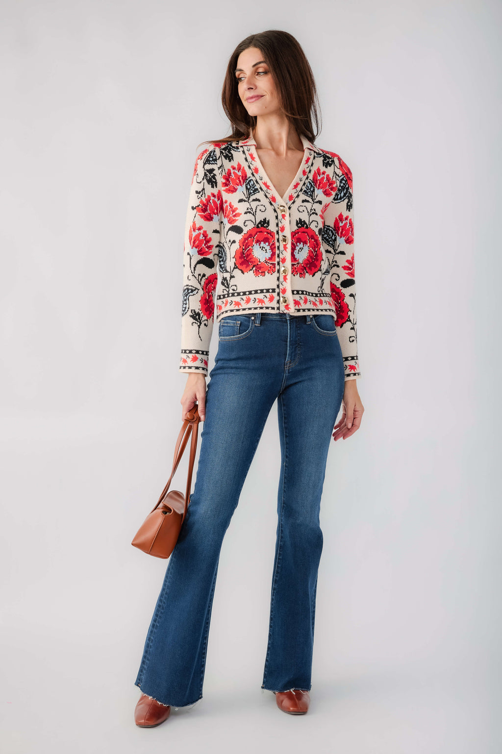 Cream floral cardigan, button-front V-neck with long sleeves and patterned trim