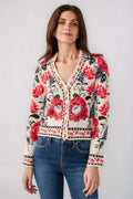 Cream floral cardigan with red and black blooms, button-front V-neck and long sleeves