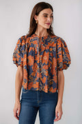 Olivaceous Dakota top, navy floral print with puff sleeves and gathered ruffled hem