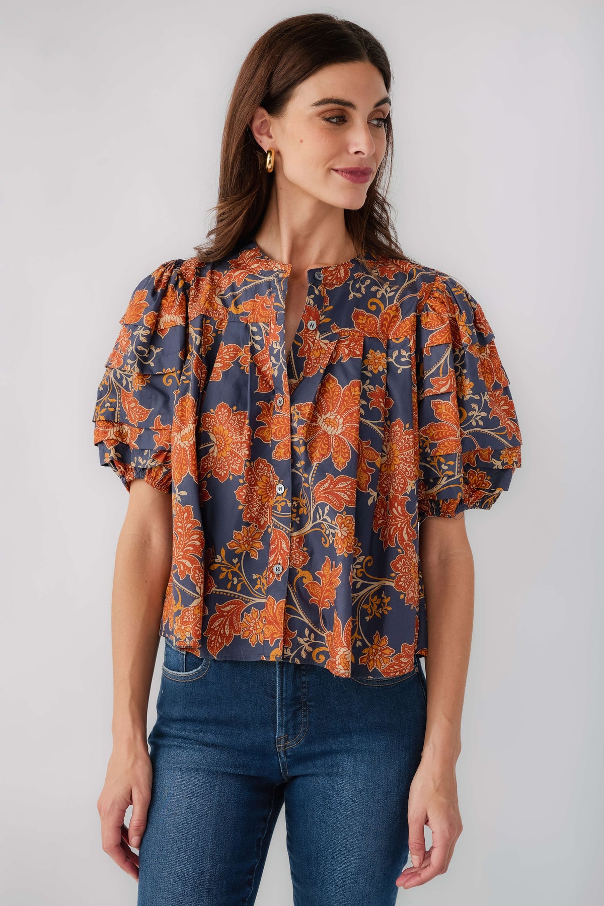 Olivaceous Dakota top, navy floral print with puff sleeves and gathered ruffled hem