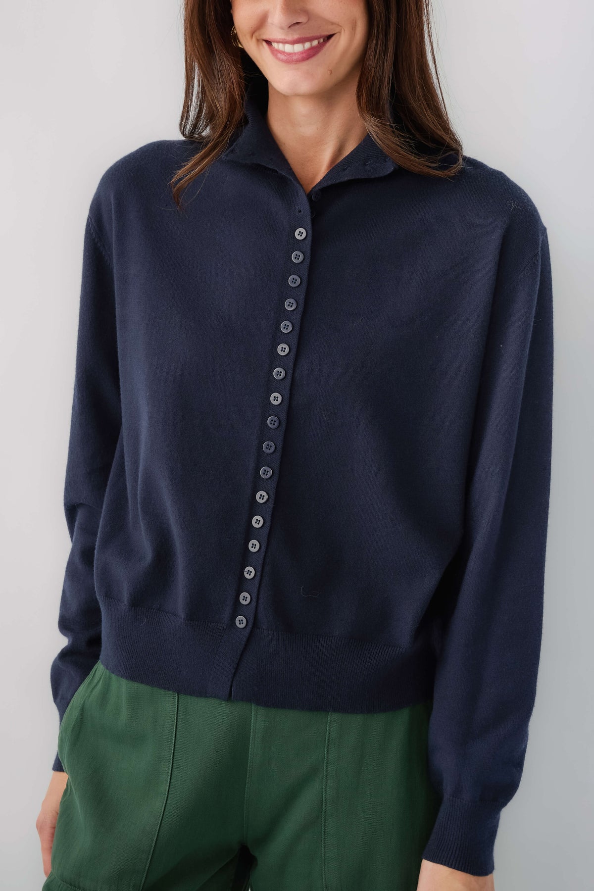 Mockneck cardigan in dark navy with button-front placket and long sleeves