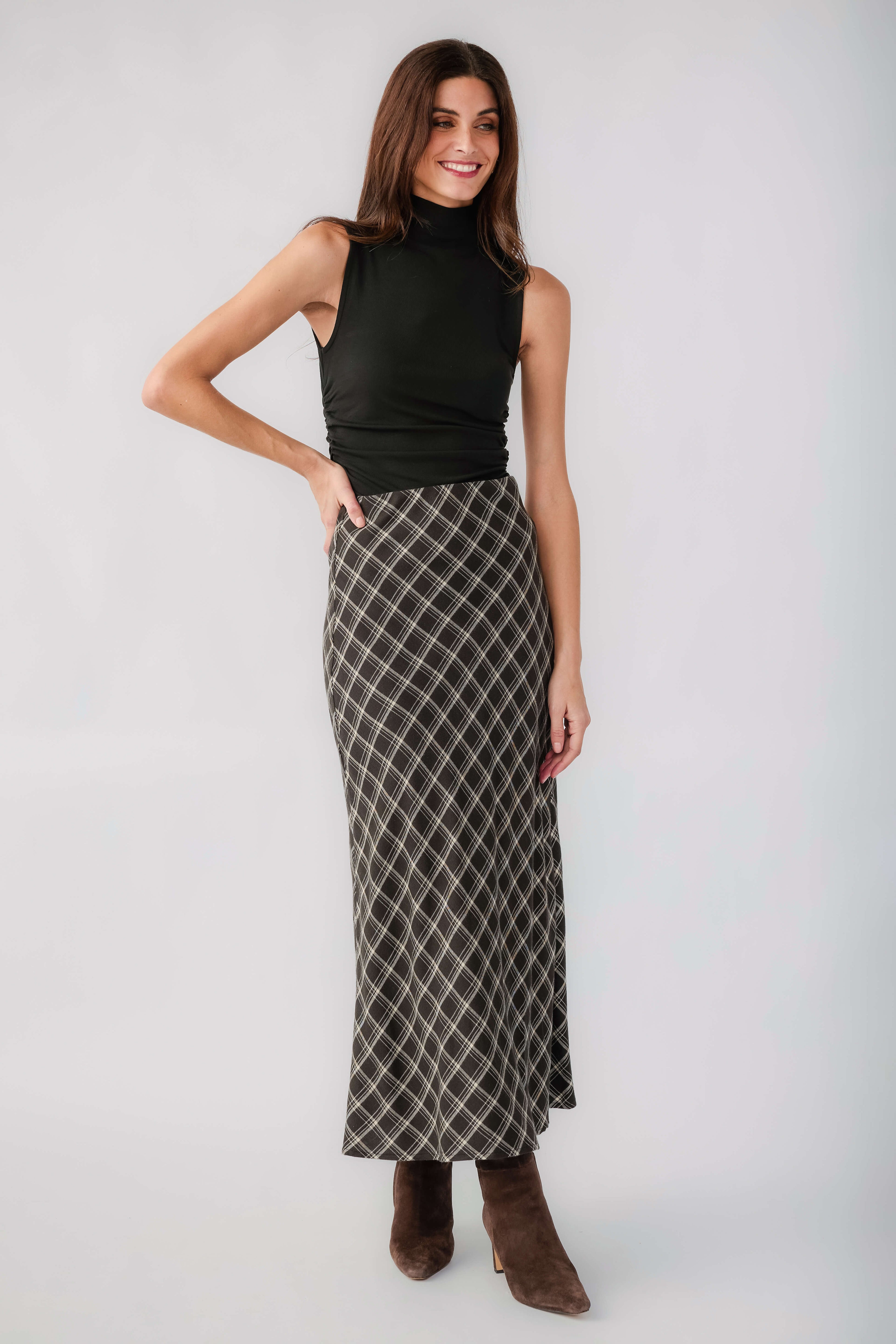 Z Supply Europa plaid midi skirt with black base and white lattice print, full view