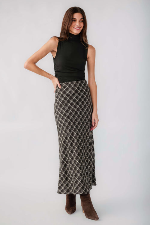 Z Supply Europa plaid midi skirt with black base and white lattice print, full view